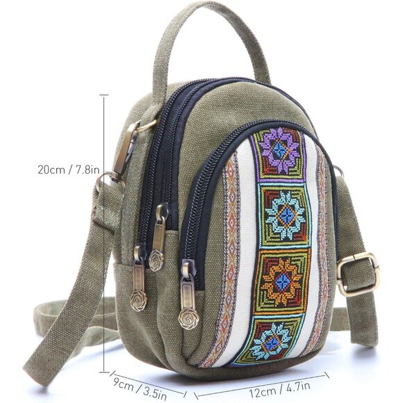 Women's S3 Army Green Vintage Embroidered Cute Mini Cross Body Bag Small Handbag - Picture 3 of 8